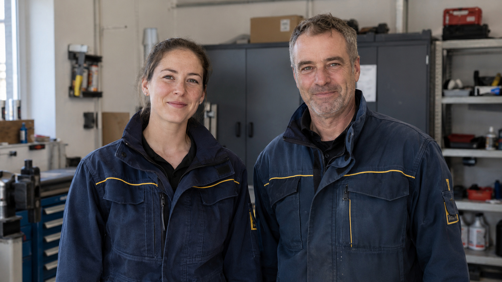 Zwei Mitglieder eines Elektrofachbetriebs in ihrer Werkstatt