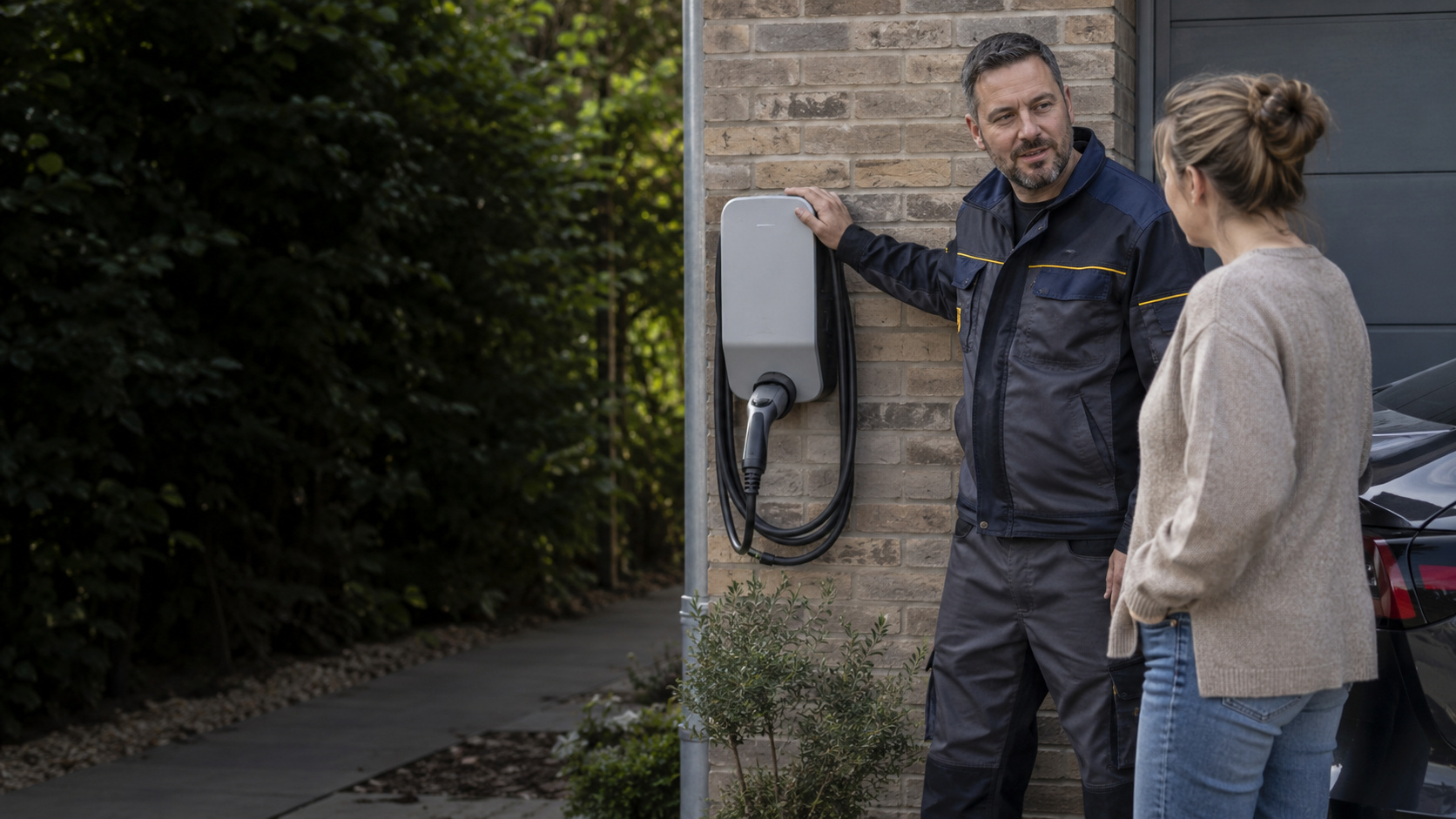 Elektriker erklärt einer Kundin eine Wallbox