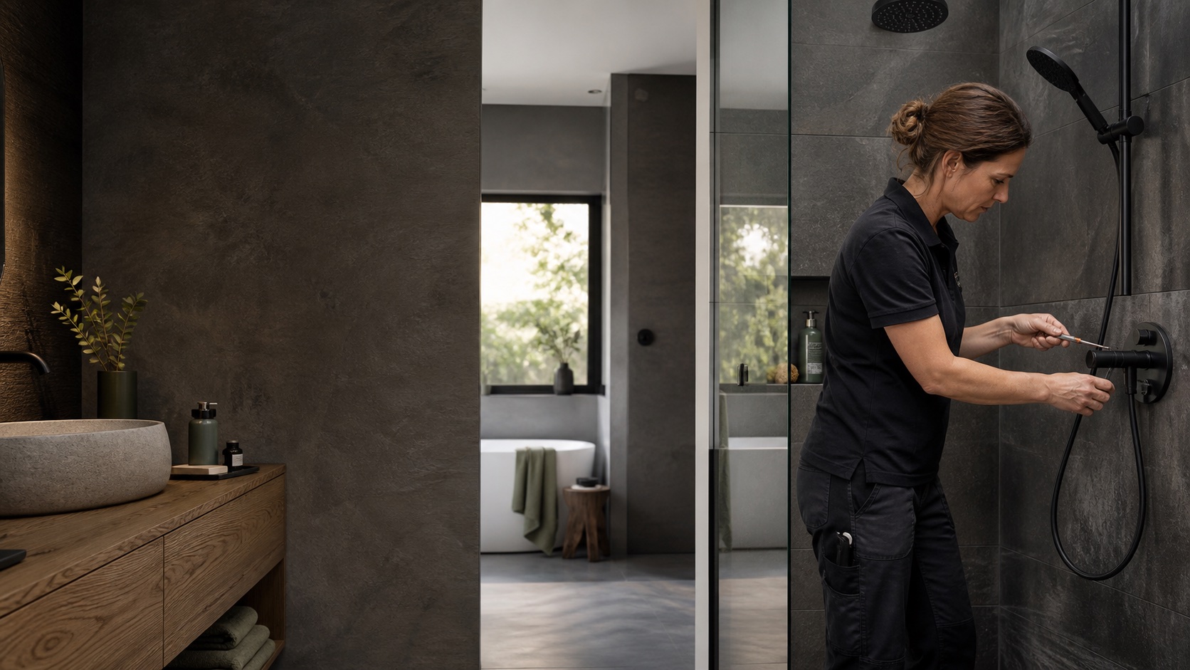 SHK-Fachfrau prüft eine hochwertige Dusche in einem modernen Bad